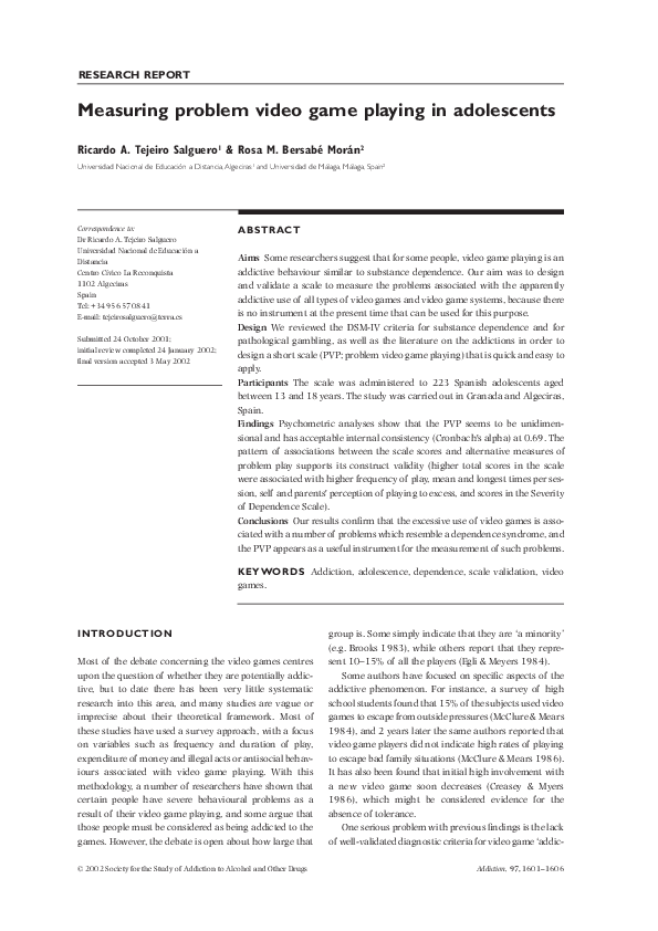 (PDF) Measuring problem video game playing in adolescents