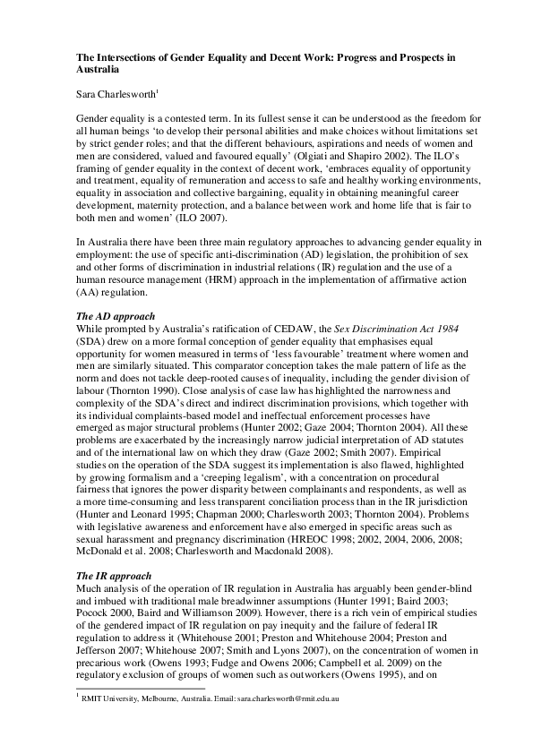 (PDF) The Intersections of Gender Equality and Decent Work: Progress ...