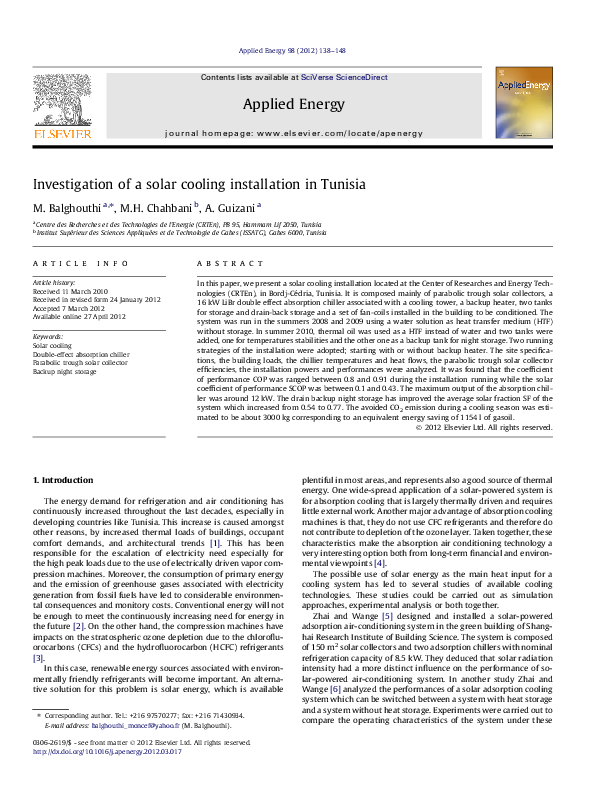 (PDF) Investigation of a solar cooling installation in Tunisia