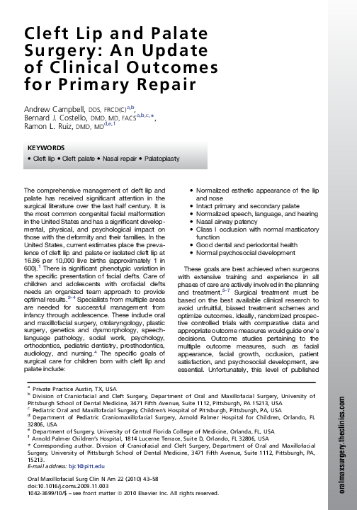 (PDF) Cleft Lip and Palate Surgery: An Update of Clinical Outcomes for ...