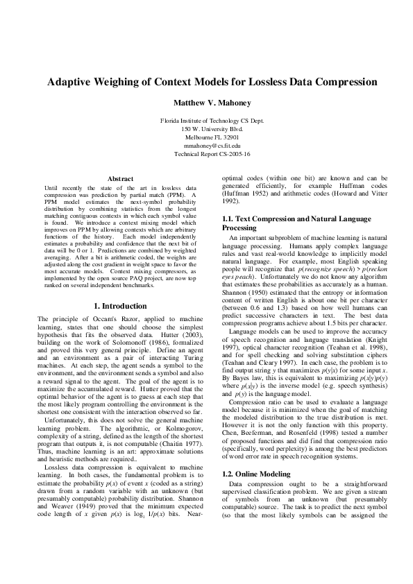 (PDF) Adaptive Weighing of Context Models for Lossless Data Compression