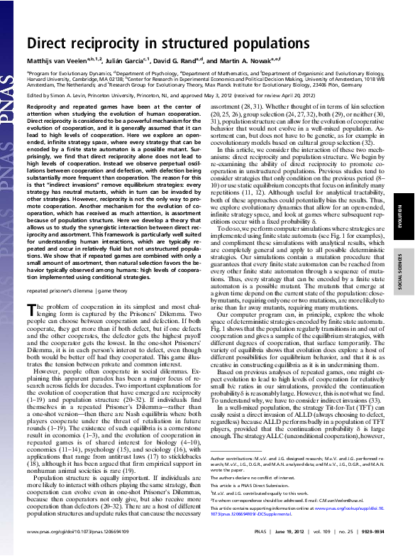 (PDF) Direct reciprocity in structured populations