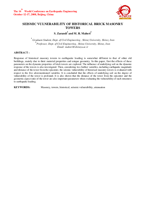 (PDF) Seismic Vulnerability of Historical Brick Masonry Towers