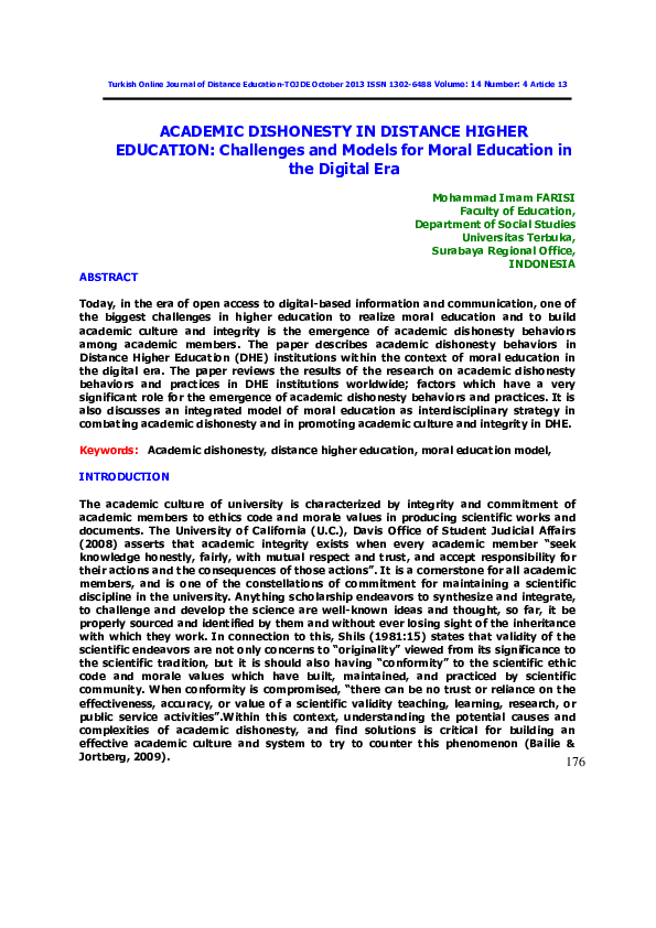 (PDF) Academic Dishonesty in Distance Higher Education: Challenges and ...