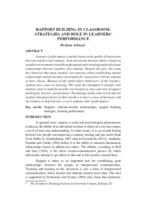 (PDF) Rapport Building in Classroom: Strategies and Role in Learners ...