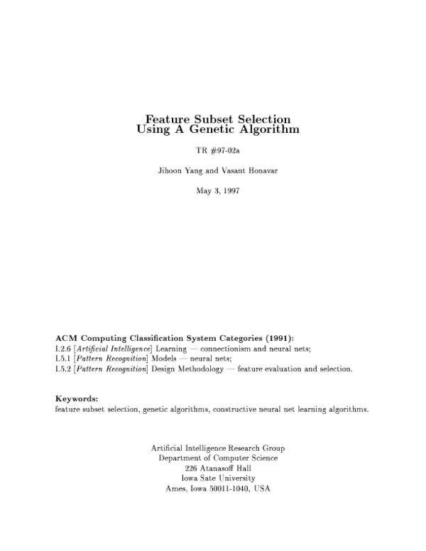 (PDF) Feature Subset Selection Using a Genetic Algorithm