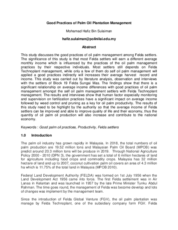 (PDF) Good Practices of Palm Oil Plantation Management