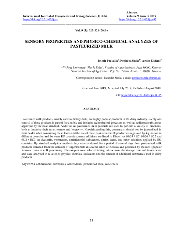 (PDF) Sensory Properties and Physico-Chemical Analyzes of Pasteurized Milk
