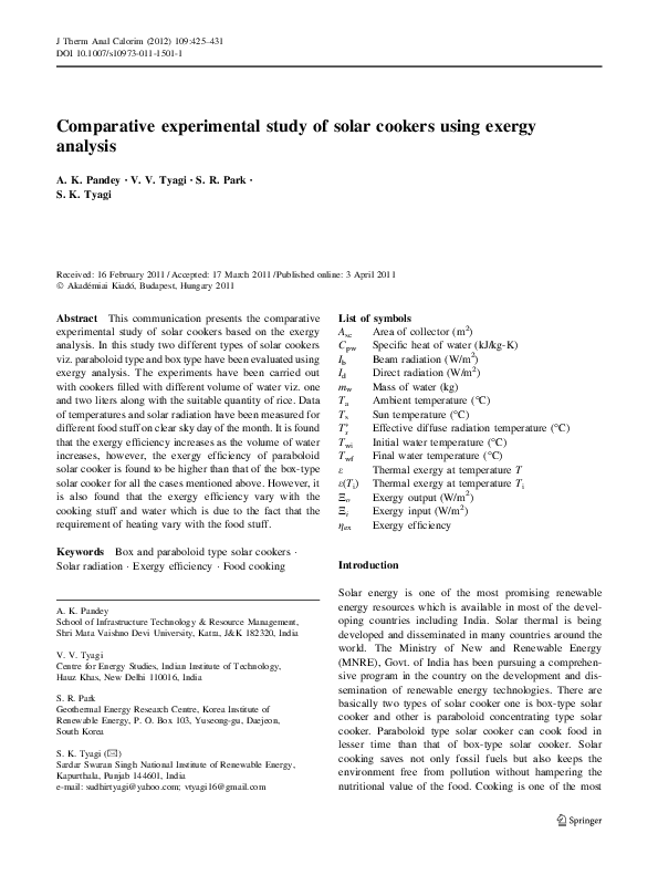 (PDF) Comparative experimental study of solar cookers using exergy analysis