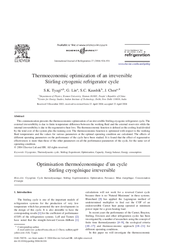 (PDF) Thermoeconomic optimization of an irreversible Stirling cryogenic ...