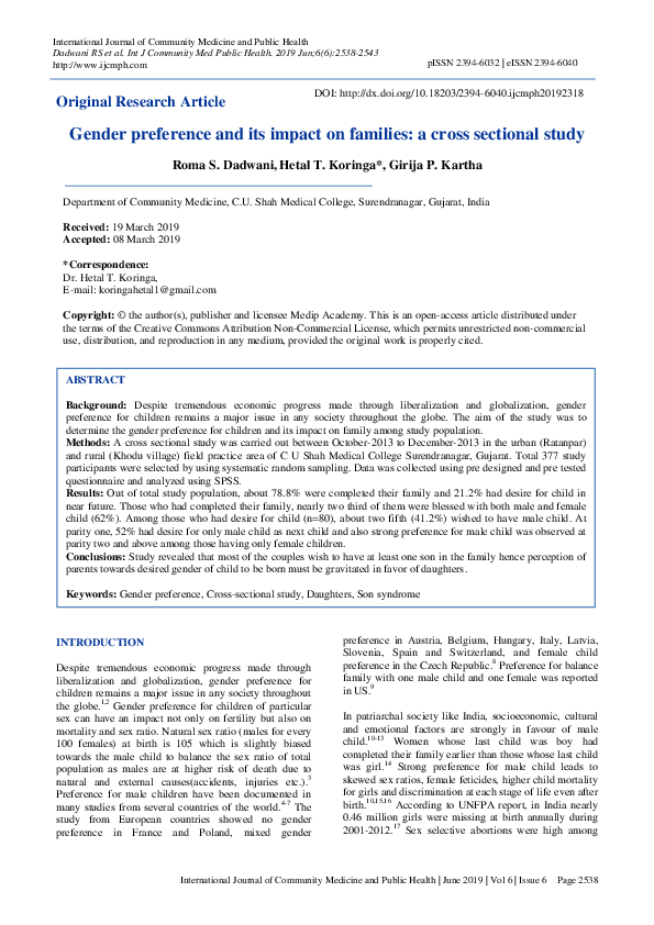 (PDF) Gender preference and its impact on families: a cross sectional study