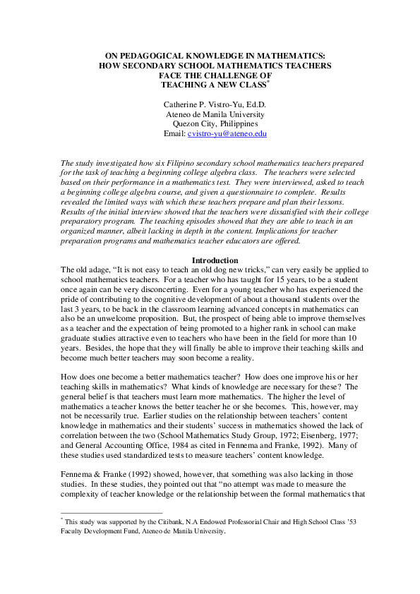 (PDF) On Pedagogical Knowledge in Mathematics: How Secondary School ...