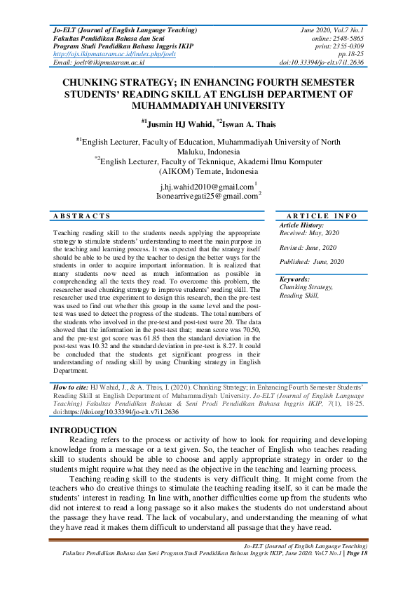 (PDF) Chunking Strategy; in Enhancing Fourth Semester Students’ Reading ...