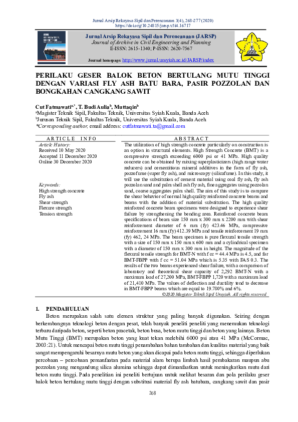 Perilaku Geser Balok Beton Bertulang Mutu Tinggi Dengan Variasi Fly Ash Batu Bara, Pasir Pozzolan Dan Bongkahan Cangkang Sawit