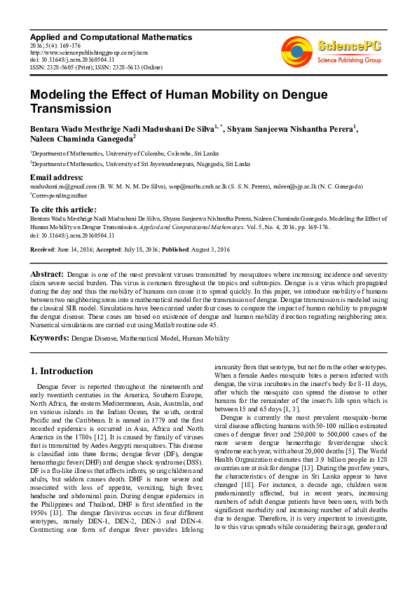 (PDF) Modeling the Effect of Human Mobility on Dengue Transmission