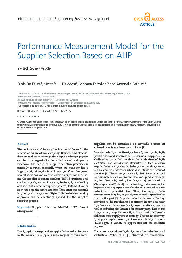 (PDF) Performance Measurement Model for the Supplier Selection Based on AHP