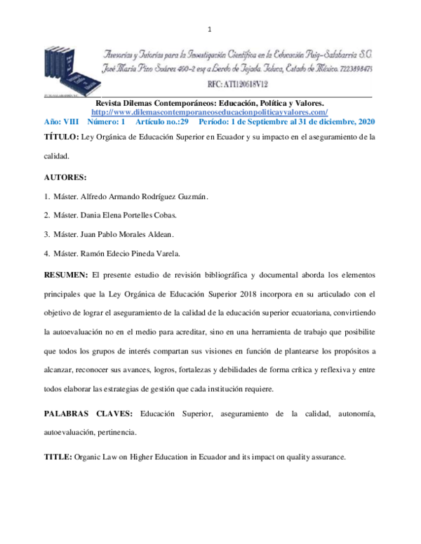 (PDF) Ley Orgánica de Educación Superior en Ecuador y su impacto en el ...