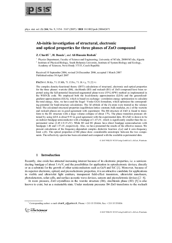 (PDF) Ab‐initio investigation of structural, electronic and optical ...