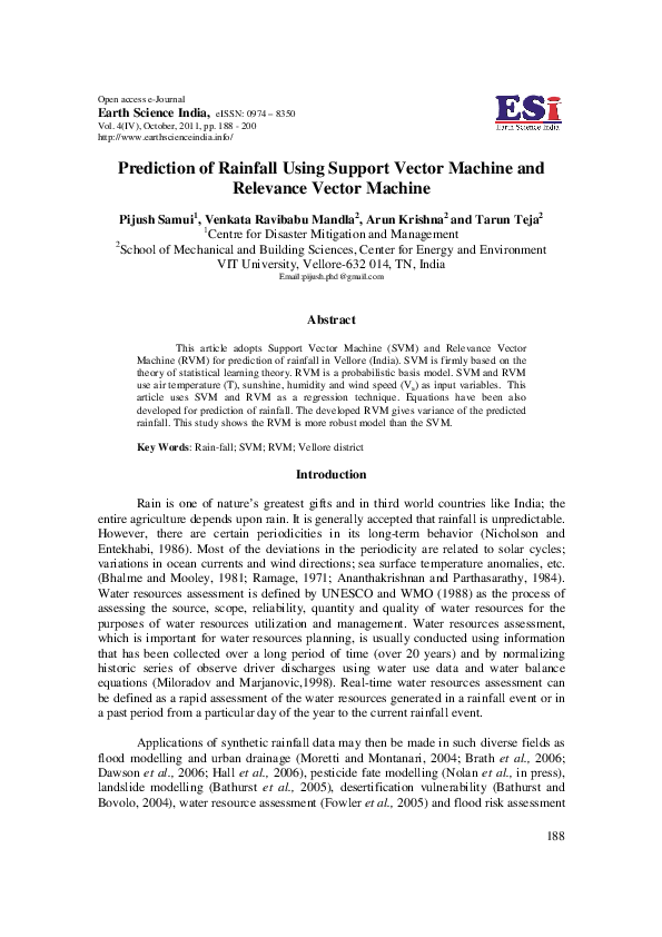 (PDF) Prediction of rainfall using support vector machine and relevance ...