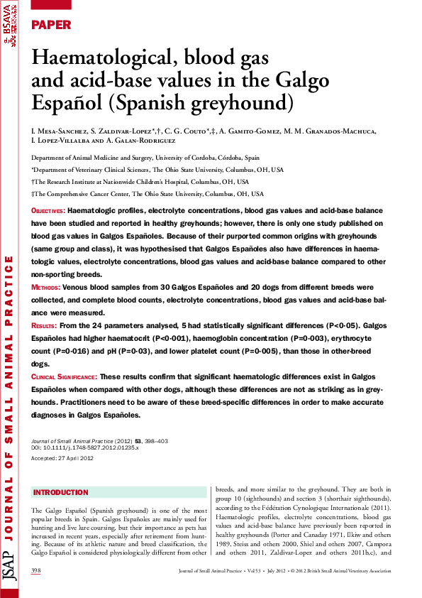 (PDF) Haematological, blood gas and acidbase values in the Galgo