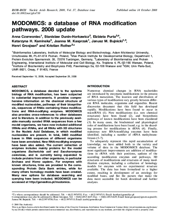(PDF) MODOMICS: a database of RNA modification pathways. 2008 update