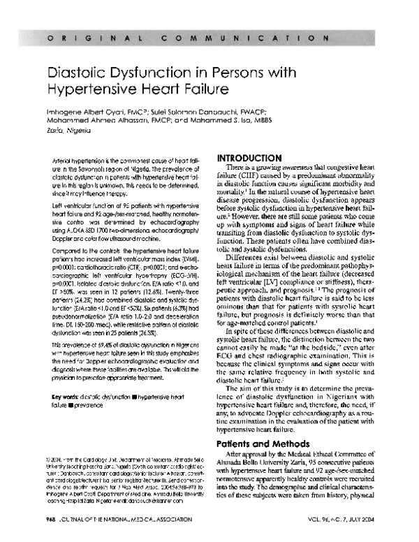 (PDF) Diastolic Dysfunction In Persons With Hypertensive Heart Failure