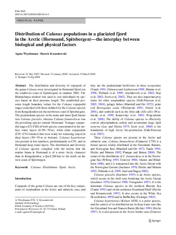 (PDF) Distribution of Calanus populations in a glaciated fjord in the ...