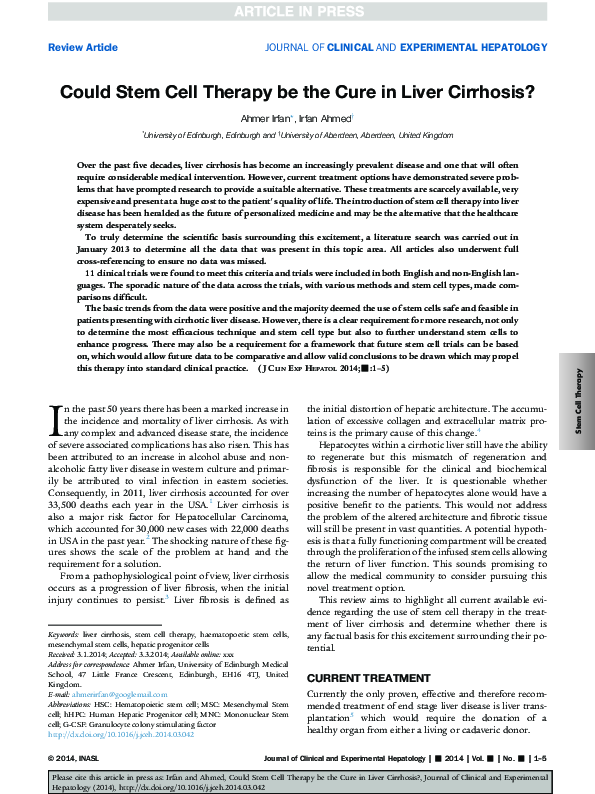 (PDF) Could Stem Cell Therapy be the Cure in Liver Cirrhosis?