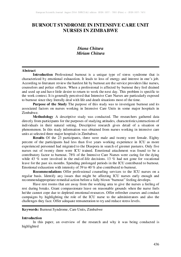 (PDF) Burnout Syndrome in Intensive Care Unit Nurses in Zimbabwe