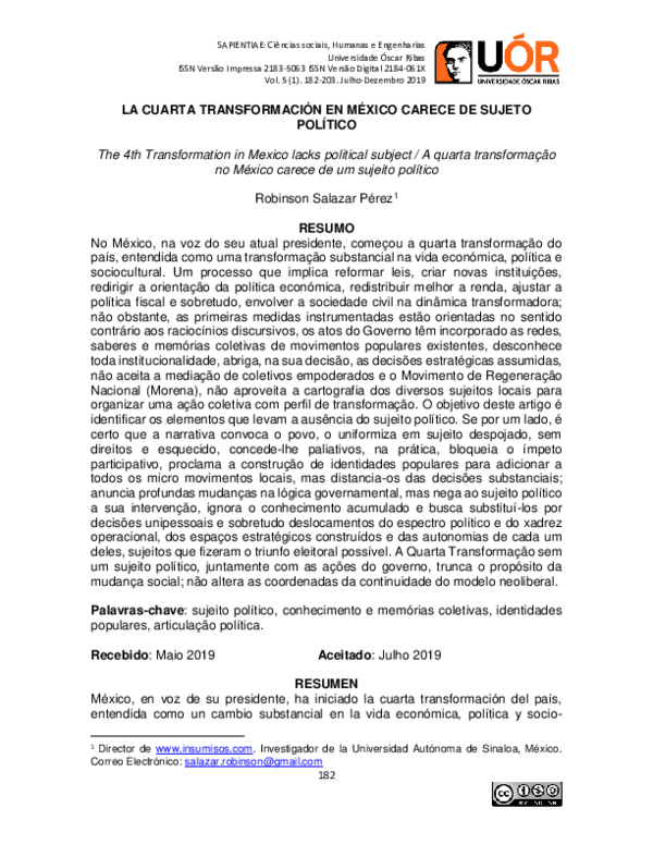 (PDF) La cuarta transformación en México carece de sujeto político