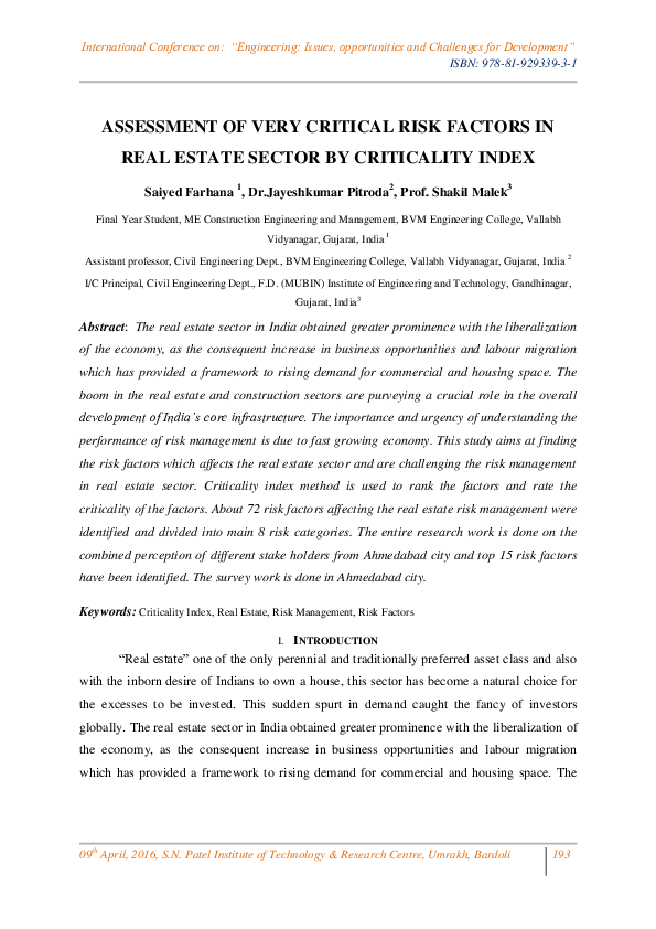 (PDF) ASSESSMENT OF VERY CRITICAL RISK FACTORS IN REAL ESTATE SECTOR BY ...