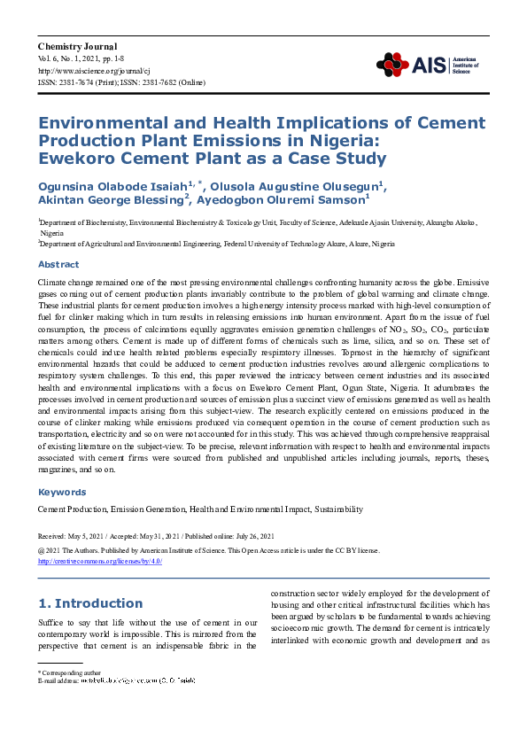 (PDF) Environmental and Health Implications of Cement Production Plant ...