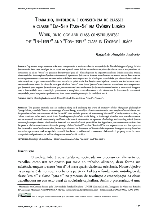 (PDF) Trabalho, ontologia e consciência de classe a classe “EmSi e ParaSi” em György Lukács