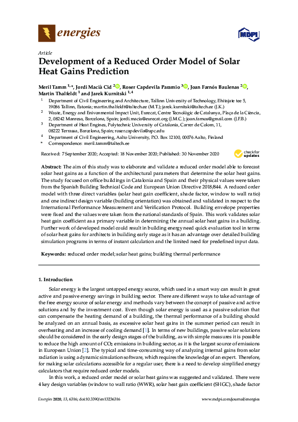 (PDF) Development of a Reduced Order Model of Solar Heat Gains Prediction