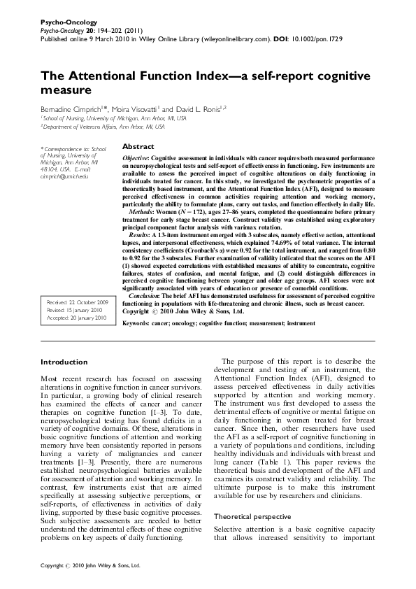 (PDF) The Attentional Function Index-a self-report cognitive measure