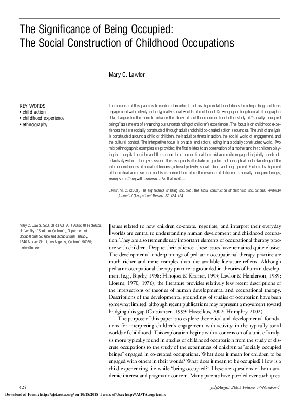 (PDF) The Significance of Being Occupied: The Social Construction of ...