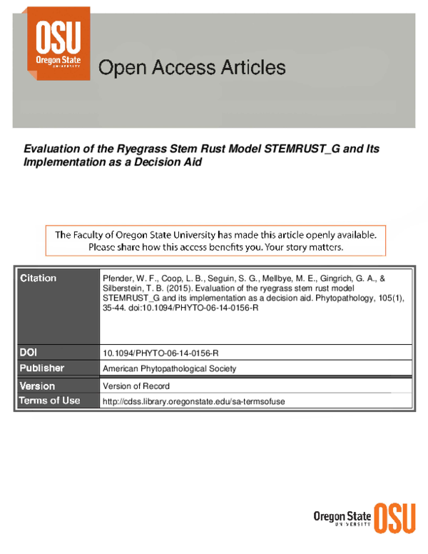 (PDF) Evaluation of the Ryegrass Stem Rust Model STEMRUST_G and Its ...