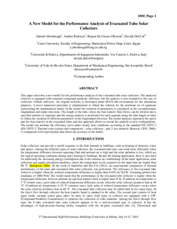 (PDF) A New Model for the Performance Analysis of Evacuated Tube Solar ...