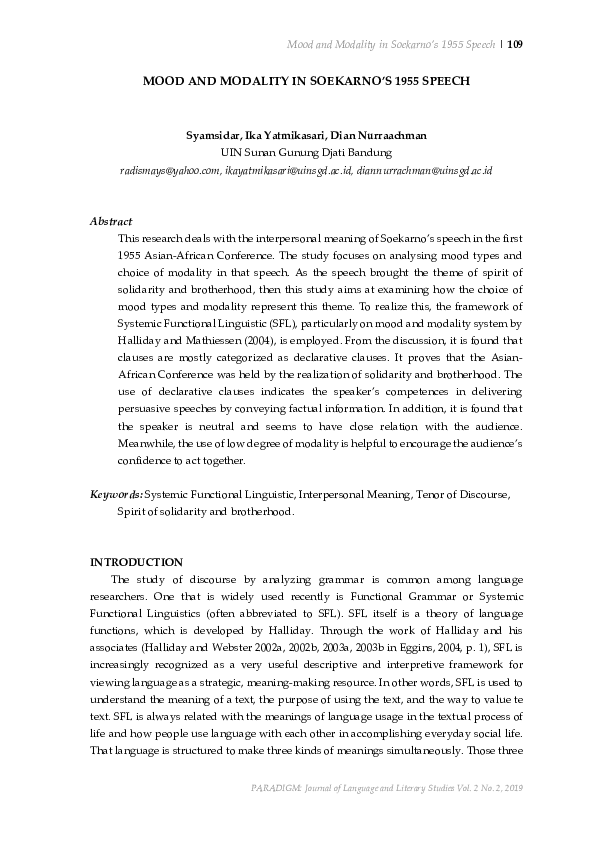 (PDF) Mood and Modality in Soekarno’s 1955 Speech