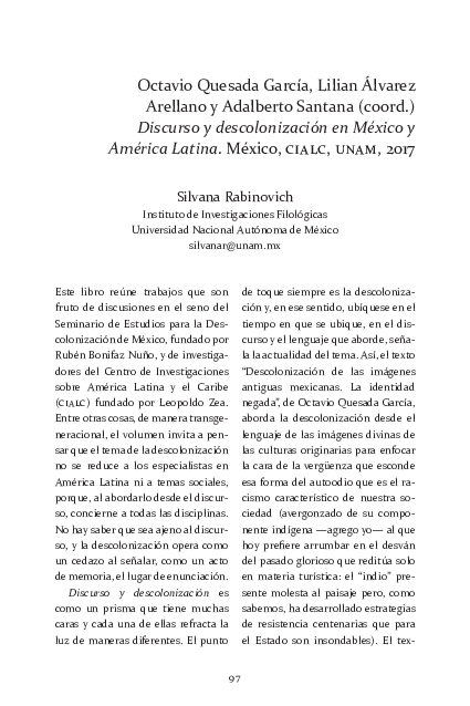 Quesada García, Octavio, Lilian Álvarez Arellano y Adalberto Santana (Coords.). Discurso y descolonización en México y América Latina. México, Universidad Nacional Autónoma de México - Centro de Investigaciones sobre América Latina y el Caribe (2017)