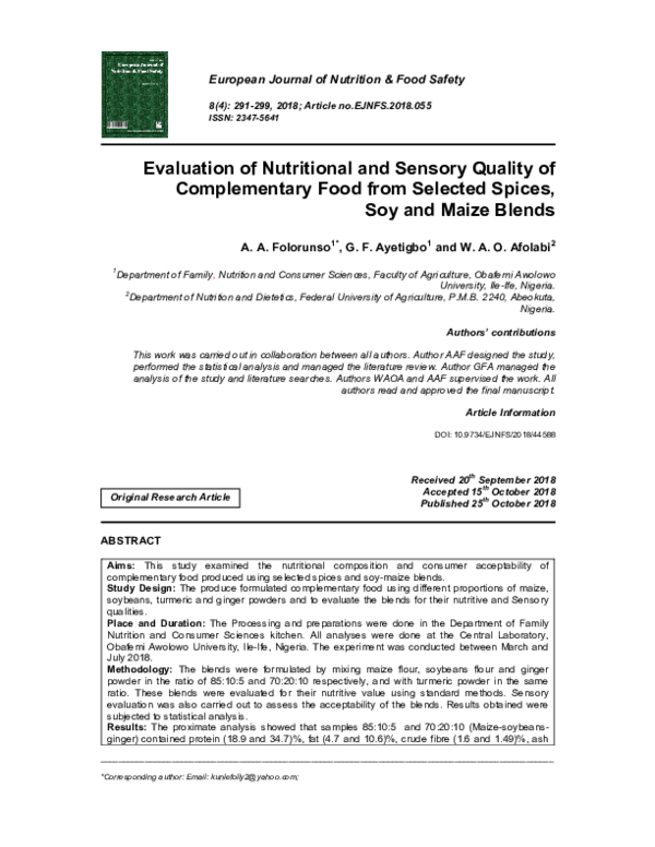 (PDF) Evaluation of Nutritional and Sensory Quality of Complementary ...