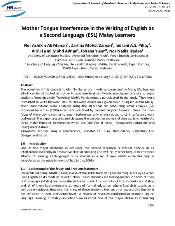 Pdf Mother Tongue Interference In The Writing Of English As A Second Language Esl Malay Learners Johana Yusof Academia Edu