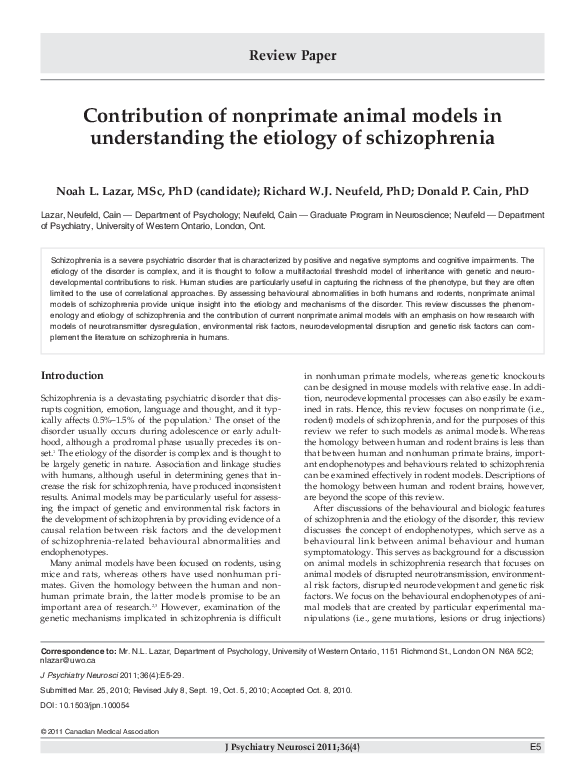(PDF) Contribution of nonprimate animal models in understanding the etiology of schizophrenia