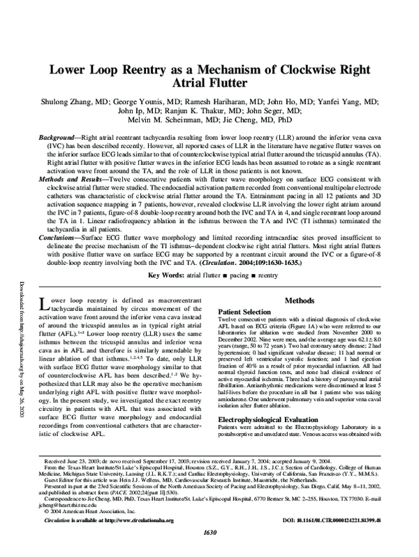 (PDF) Lower Loop Reentry as a Mechanism of Clockwise Right Atrial Flutter