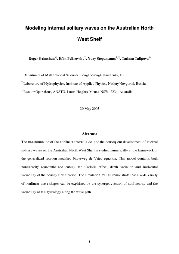 (PDF) Modelling internal solitary waves on the Australian North West Shelf