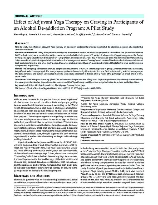 (PDF) Effect of Adjuvant Yoga Therapy on Craving in Participants of an ...