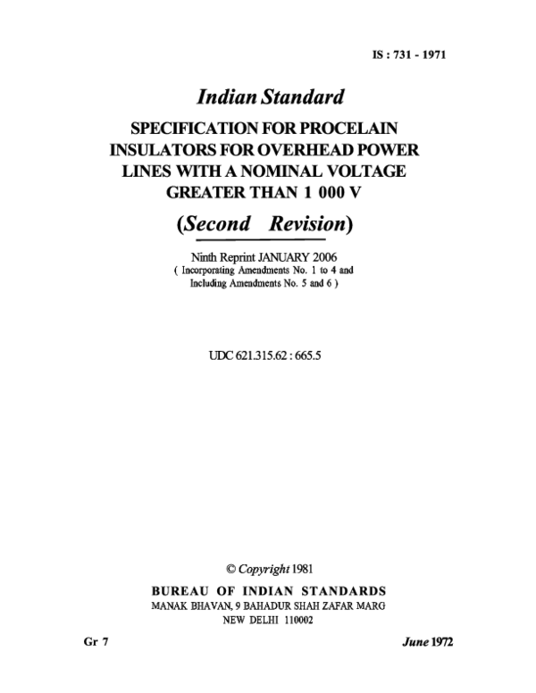 IS 731.1971 (2006) - Insulator