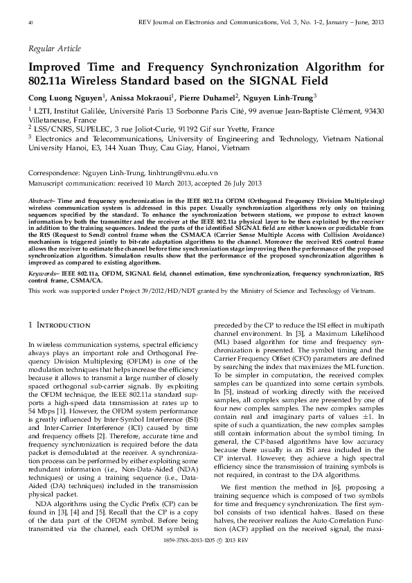 (PDF) Improved Time and Frequency Synchronization Algorithm for 802.11a ...