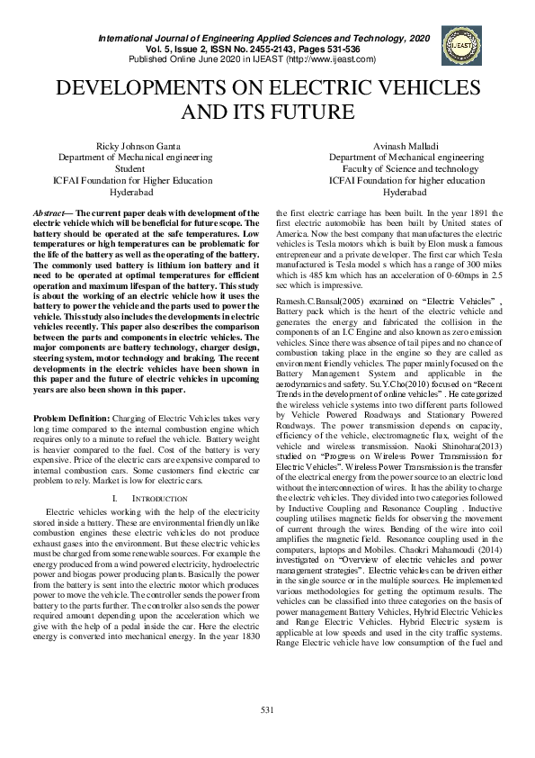 (PDF) Developments on Electric Vehicles and Its Future