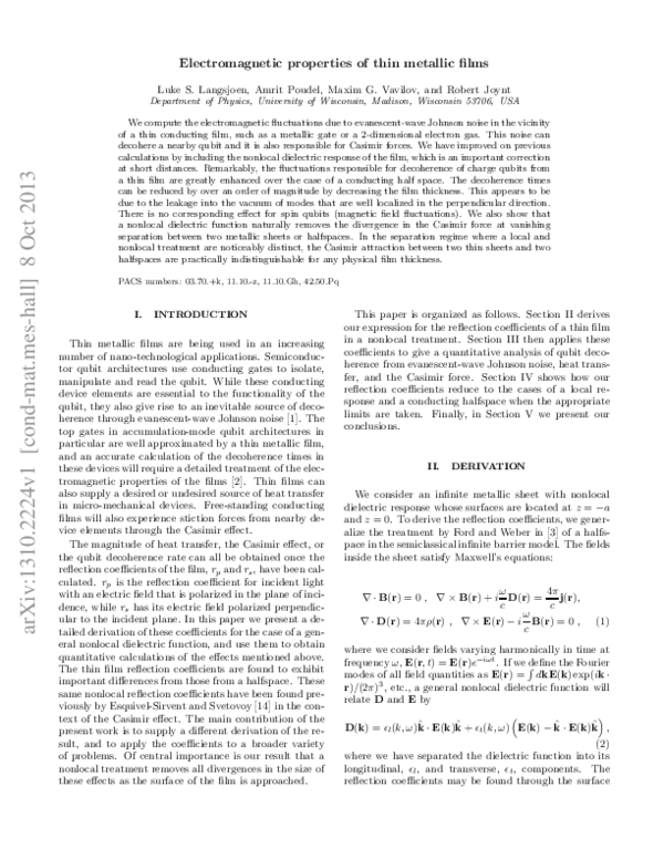 (PDF) Electromagnetic properties of thin metallic films